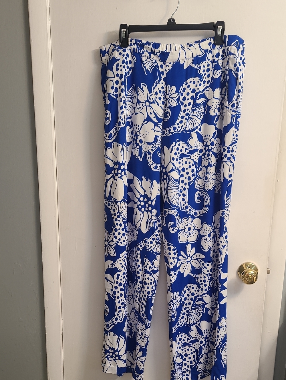 Lilly Pulitzer Cambridge Palazzo Sea Horses Floral Blue Wide Leg Pants Sz L